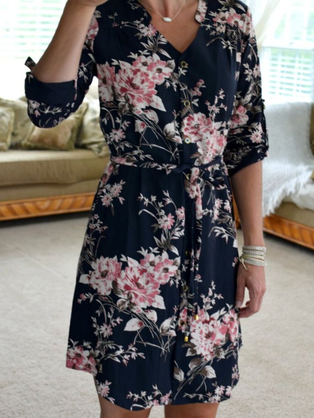 41 HAWTHORN ANTHRO Cristen Shirt Dress Navy Floral Button Front Tunic Dress - M